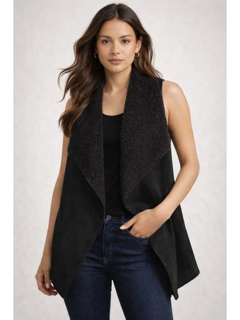 Chico's Black Faux-Suede Sherpa Drape Vest